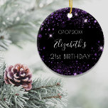 Birthday Black lila Glitzer Name elegant Keramik Ornament<br><div class="desc">Ein Ornament für einen mädchenhaften und glamourösen 21. Geburtstag (oder jedes Alter). Ein schicker schwarzer Hintergrund mit lila Imitaten Glitzer Staub. Personalisieren und fügen Sie ein Datum,  Name und Alter 21. Der Name ist mit einem modernen handgeschriebenen Stilskript geschrieben. Perfekt als Party Dekoration,  Gunst,  Sake oder als Geschenk.</div>