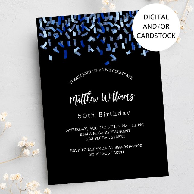 Birthday Black Marine Blue Confetti Einladung (Von Creator hochgeladen)