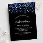 Birthday Black Marine Blue Confetti Einladungspostkarte<br><div class="desc">Modernes,  elegantes und einladendes Hotel. Ein schwarzer Hintergrund mit blauen Konfetti. Personalisieren und fügen Sie einen Namen und Details. Weißer Text.</div>
