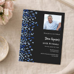 Birthday Black Marine Blue Foto Einladung<br><div class="desc">Modernes,  elegantes und einladendes Hotel. Ein schwarzer Hintergrund mit blauen Konfetti. Personalisieren und fügen Sie Foto,  einen Namen und Party Details. Weißer Text. 1 Blatt = 1 Einladung mit Druckkante bis Kante.</div>