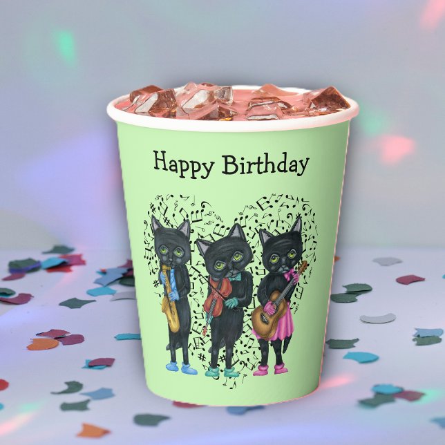 Birthday Black Musical Cats farbenfrohe Kleidung Pappbecher (Musical black cats playing instruments on heart of music notes on green Birthday paper party cup.)