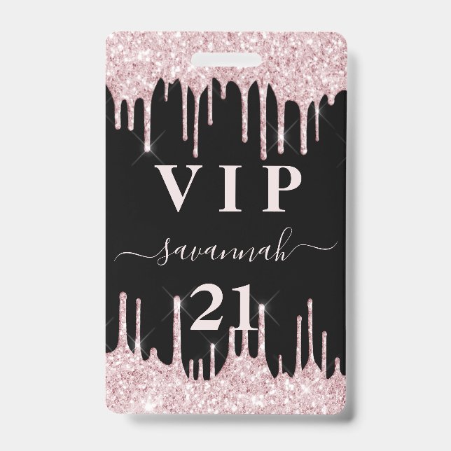 Birthday Black Pink Glitzer Tropfen Vip Einladung Ausweis (Vorderseite)