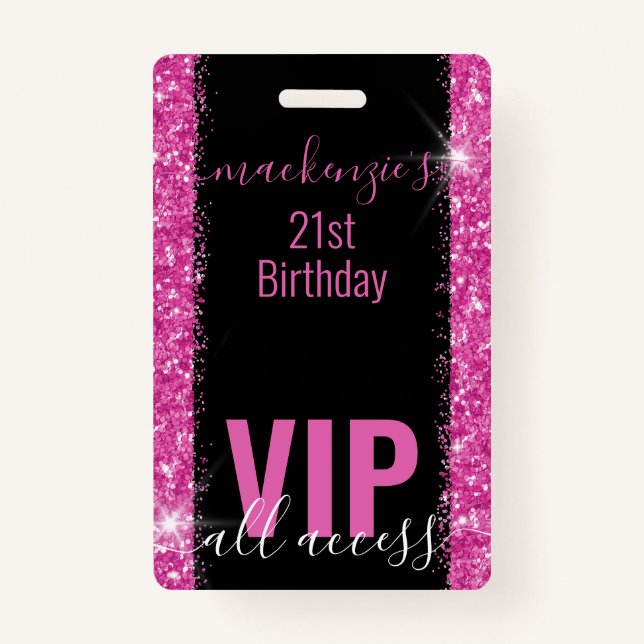 Birthday Black Pink Glitzer VIP Party Einladung Ausweis (Vorderseite)