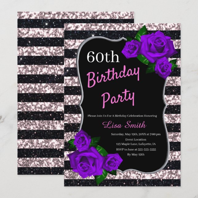 Birthday Black Pink Stripes Glitzer Lila Rose Einladung (Vorne/Hinten)