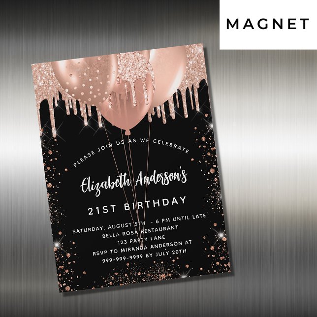 Birthday Black Rose Gold Glitzer Ballons Luxus Magneteinladung (Von Creator hochgeladen)
