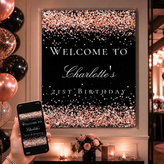 Birthday Black Rose Gold Glitzer Empfang Poster (Von Creator hochgeladen)