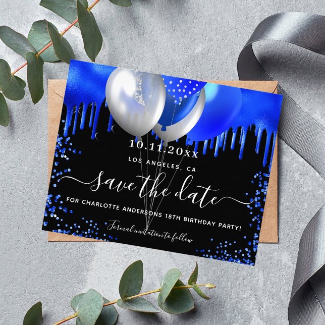 Birthday Black Royal Blue Budget Save the Date Flyer (Von Creator hochgeladen)