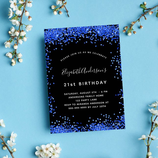 Birthday Black Royal Blue Glitzern Party Einladung (Von Creator hochgeladen)
