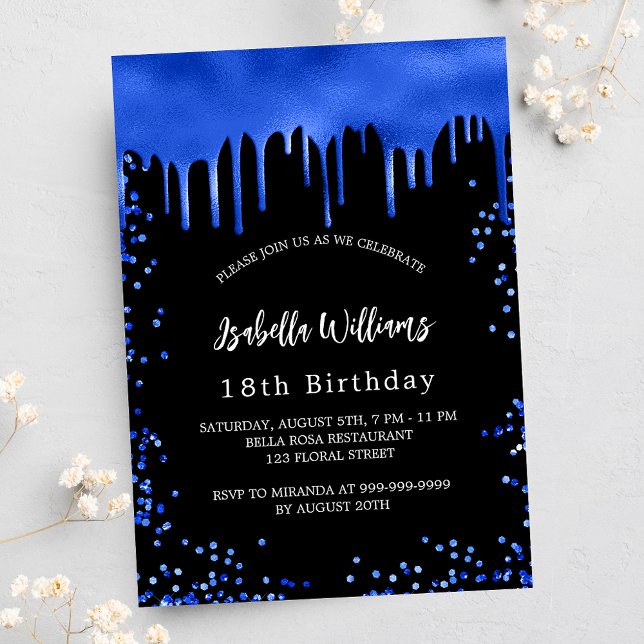 Birthday Black Royal Blue Tropfens Luxus Einladung (Von Creator hochgeladen)