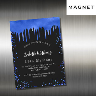 Birthday Black Royal Blue Tropfens Luxus Magneteinladung