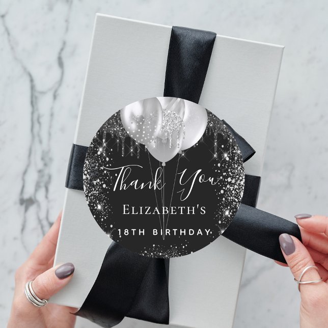 Birthday Black silber Glitzer Name Vielen Dank Runder Aufkleber (Von Creator hochgeladen)