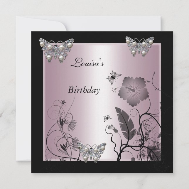 Birthday Black Silver Pearl Butterfly Party Pink Einladung (Vorderseite)