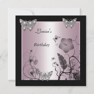 Birthday Black Silver Pearl Butterfly Party Pink Einladung