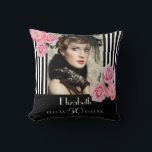 Birthday Black Stripes Foto Rosa Blumenbezeichnung Kissen<br><div class="desc">Ein Geschenk für eine Frau 50. Geburtstag. Klassische schwarz-weiße Streifen als Hintergrund. Mit mädchenhaften und femininen Blume,  rosa Rosen und Pfannkuchen als Dekoration. Ein Rahmen vorne mit Vorlagen für das 50. Lebensjahr,  Name und Datum. Vorlage für Ihr eigenes vertikales Foto.</div>