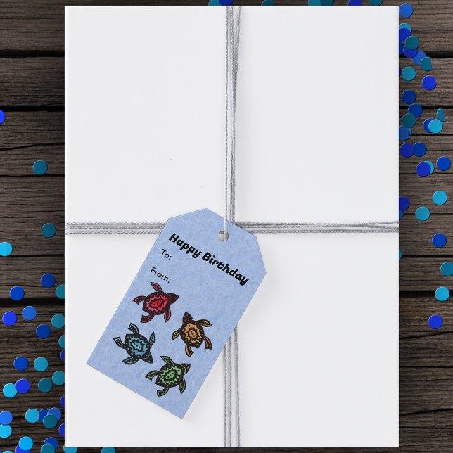 Birthday Black Turtles Abstrakte farbige Muscheln Geschenkanhänger (Group of black abstract turtles with coloured shells on light blue Happy Birthday hanging gift tags.)