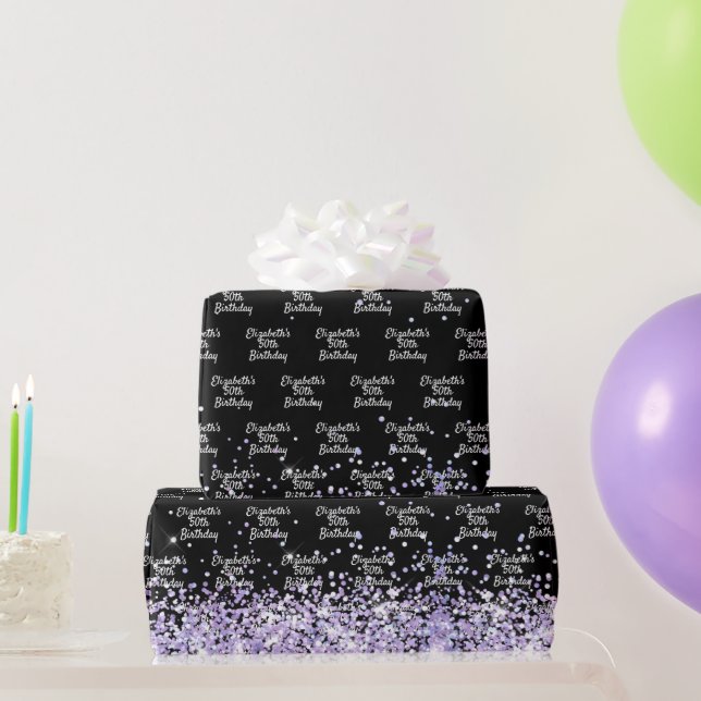 Birthday Black violet Lavendel Glitzer Staubname Geschenkpapier (Partygeschenke)