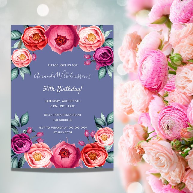Birthday Blau Rosa Blüten Rosa Blumen elegant Einladung (Von Creator hochgeladen)