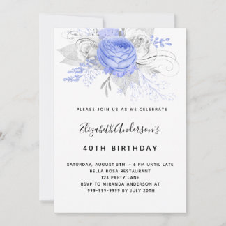Birthday blauen Blumen elegant silberweiß Einladung