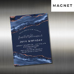 Birthday Blue Age Rose Gold Magnet Einladung<br><div class="desc">Ein moderner,  stilvoller und glamouröser Einladungs-Magnet für eine 30. Geburtstagsparty (oder jedes Alter). Blau und Rose goldfarben,  Marmorboden. Der Name ist mit einem modernen handgeschriebenen Stilskript geschrieben. Personalisieren Sie Ihre Party-Daten und fügen Sie sie hinzu.</div>