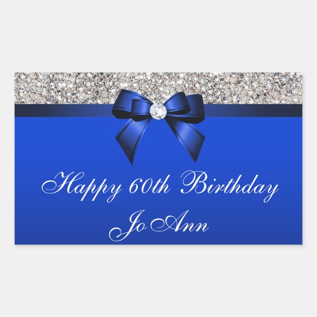 Birthday Blue Bow Silver Sequins Rechteckiger Aufkleber (Vorderseite)