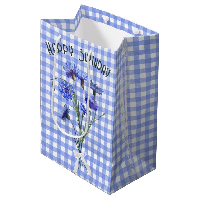 Birthday Blue Cornflower Bouquet Mittlere Geschenktüte (Vorderseite Schrägansicht)