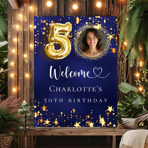 Birthday Blue Gold Stars Foto Empfang Poster