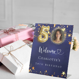 Birthday Blue Gold Stars Foto Empfang Sockelschild