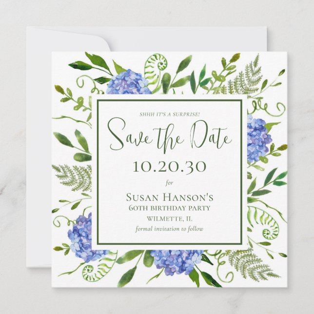 Birthday Blue Hydrangeas Überraschungs-Party Save The Date (Vorderseite)