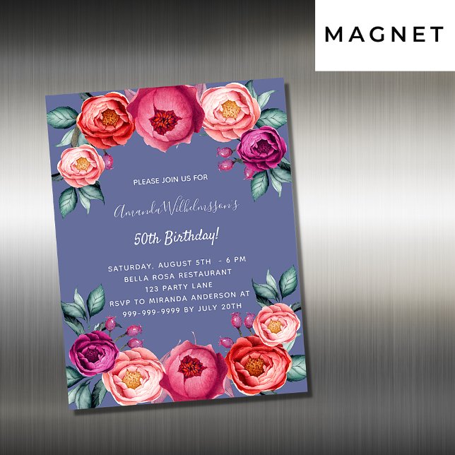 Birthday Blue Pink Blumen Magnet Einladung (Von Creator hochgeladen)