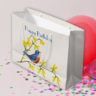 Birthday Blue Red Bird auf Branch Hübsche Blume Große Geschenktüte