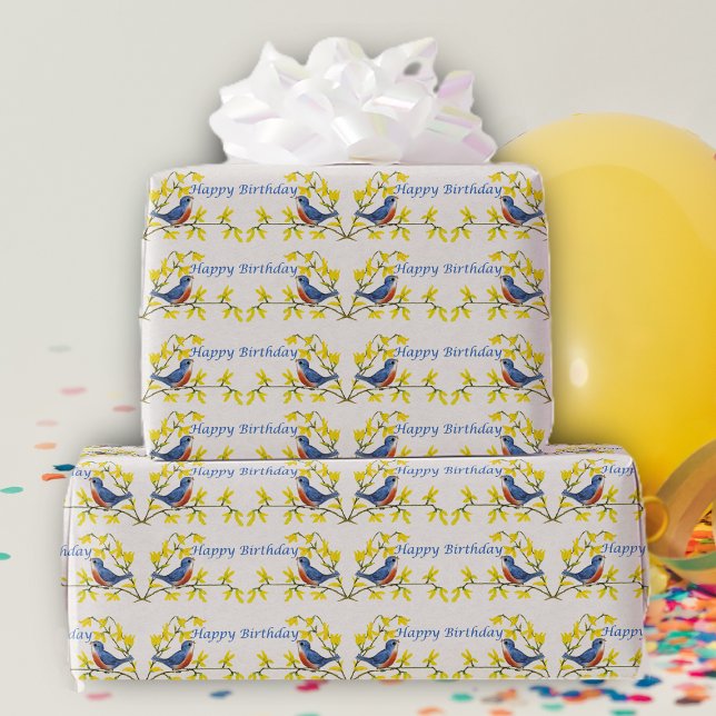 Birthday Blue Red Birds on Branch Blume White Geschenkpapier (Red blue birds sitting on branches bright yellow flowers on white Happy Birthday wrapping paper.)