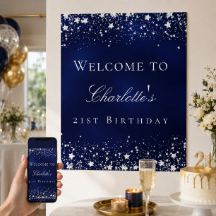 Birthday Blue Silver Stars willkommen Party Poster