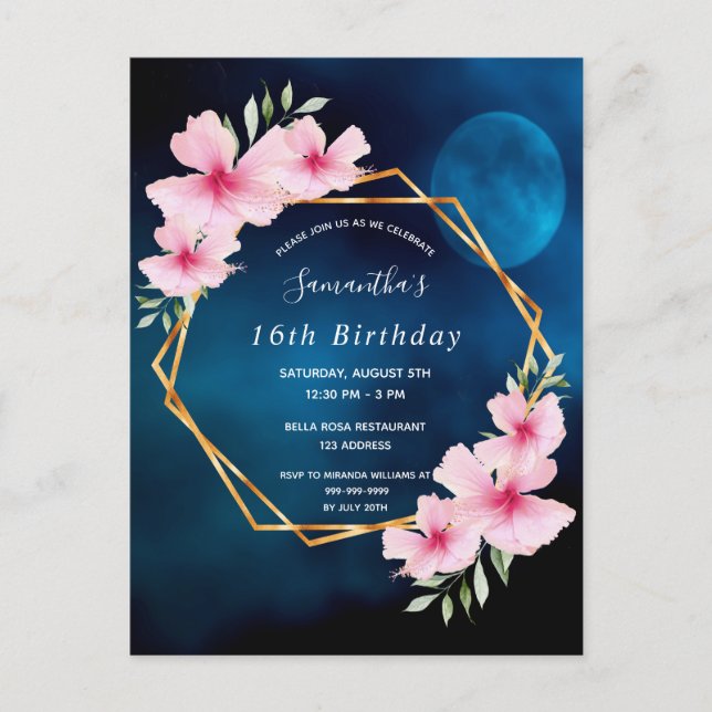 Birthday Blue Sky Moon Rosa Florieren Postkarte (Vorderseite)