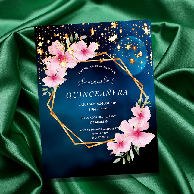 Birthday Blue Sky Moon Sterne Rosa Blumen Postkarte (Von Creator hochgeladen)