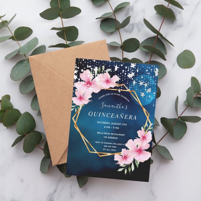 Birthday Blue Sky Sterne Rosa Blütengold geometris Einladung (Von Creator hochgeladen)