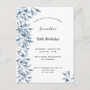 Birthday Blue White botanic floral Einladung Postkarte