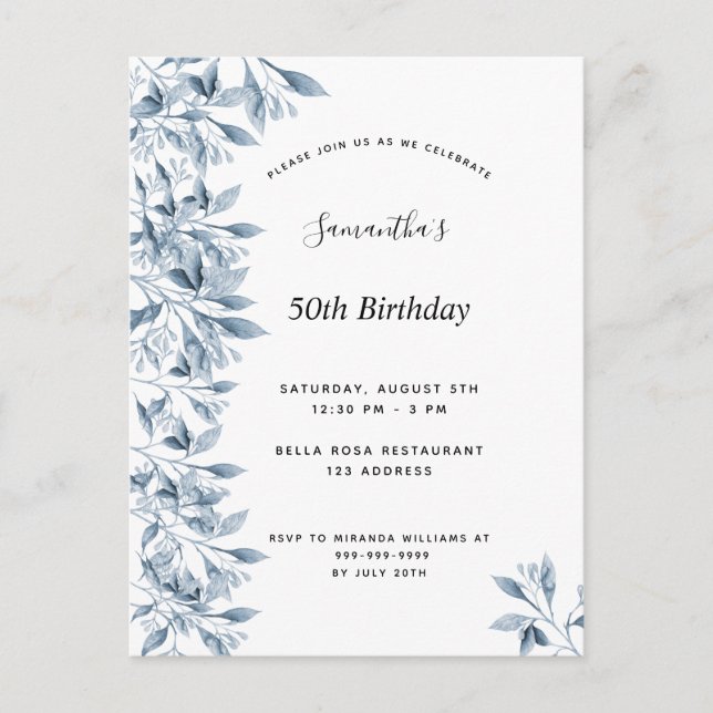 Birthday Blue White botanic floral Einladung Postkarte (Vorderseite)