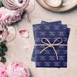 Birthday Blue White Name Skript minimalistisch Geschenkpapier Set