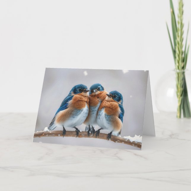 Birthday Bluebirds auf einem Winter Branchen Karte (Vorderseite)