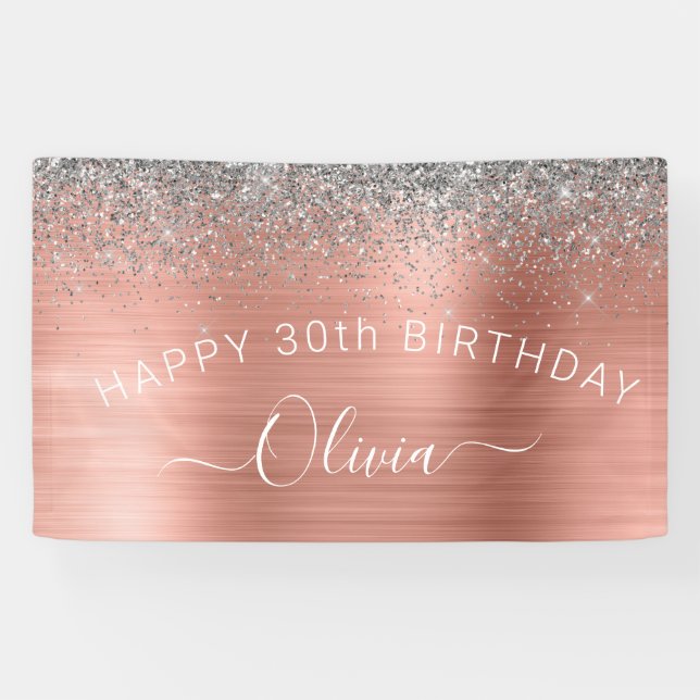 Birthday Blush Pink Rose Gold Silver Glitzer Banner (Horizontal)