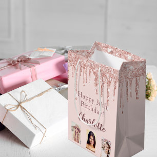 Birthday Blush Rose Gold Glitzer Tropfen Foto Mittlere Geschenktüte