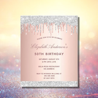Birthday Blush Rose Gold Silber Einladung Flyer