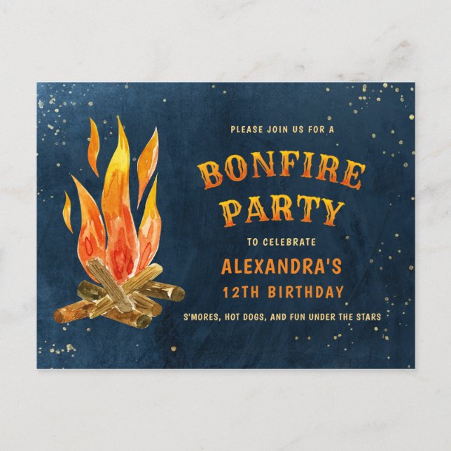 Birthday Bonfire Party Aquarell Einladungspostkarte (Vorderseite)