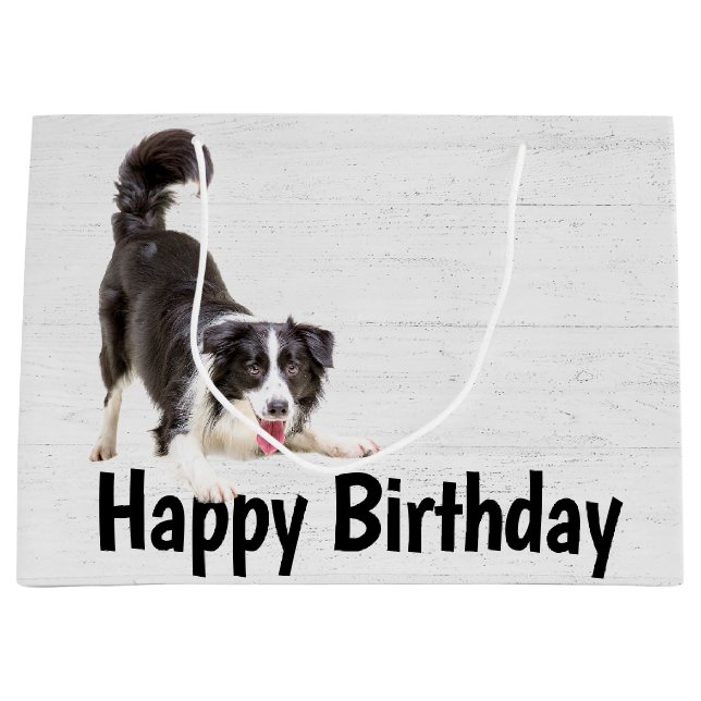 Birthday Border Collie on Wood Große Geschenktüte (Vorderseite)