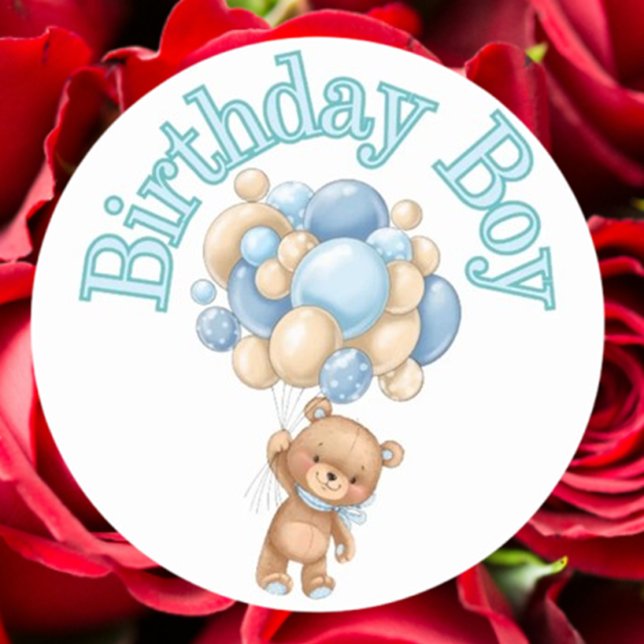 Birthday Boy Bear Baby Dusche Runder Aufkleber (Celebrate your baby shower with our adorable Birthday Boy Bear stickers)