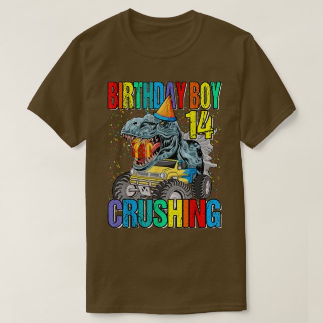 Birthday Boy Crushing 14 Monster Truck Dinosaur T-Shirt (Design vorne)
