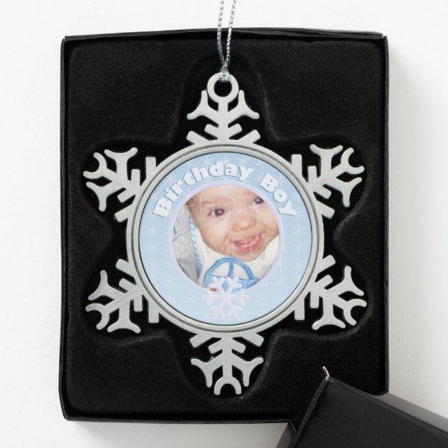 Birthday Boy Foto Winter Onederland Schneeflocken Zinn-Ornament (Box)