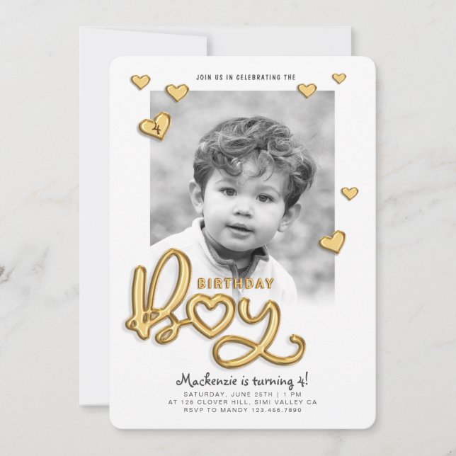 Birthday Boy Gold Foil Ballon Text Foto Einladung (Vorderseite)