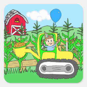 Birthday Boy mit Balloon in Tractor Quadratischer Aufkleber