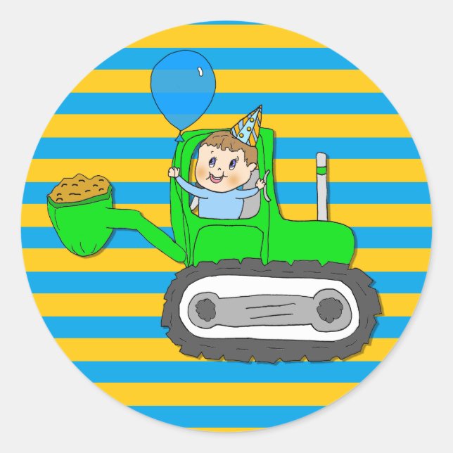 Birthday Boy mit Balloon in Tractor Runder Aufkleber (Vorderseite)